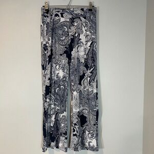 IMAN Navy White Paisley Wide Leg Pants Metallic Gold Accent Small Palazzo Resort